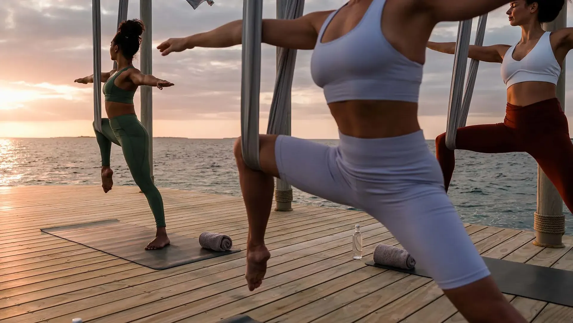 Sunset yoga on a deck facing the ocean